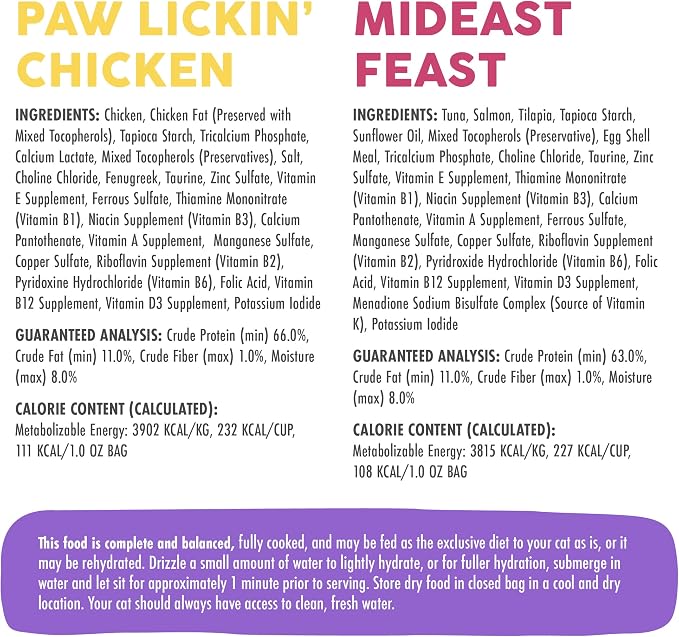 Bundle of Weruva Cat Freeze Dried Foods, Mideast Feast with Tilapia, and Paw Lickin' Chicken with Chicken Breast, 1oz Bags