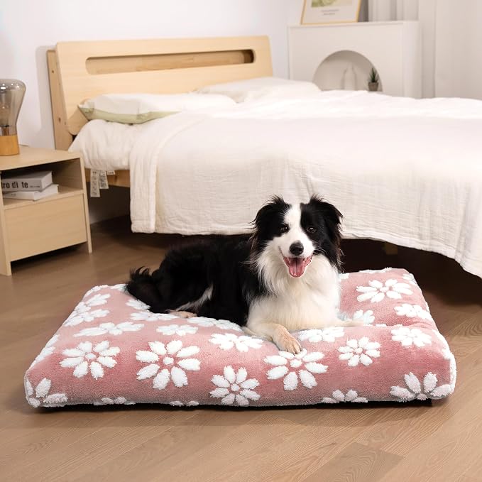 Dog Beds for Large Dogs, Cute Thick Dog Bed for Crate Kennel, Fluffy Pet Bed with Removable Washable Cover and Anti-Slip Bottom, 35"x 22", Pink Flower
