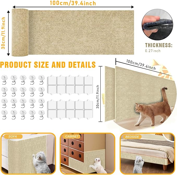 Cat Scratch Mat, 3PCS 39.4"x11.9" DIY Trimmable Self-Adhesive Cats Scratching Mat, Couch Protector from Cats Claw, Cat Scratch Furniture Protector Or Couch Protector (Beige)