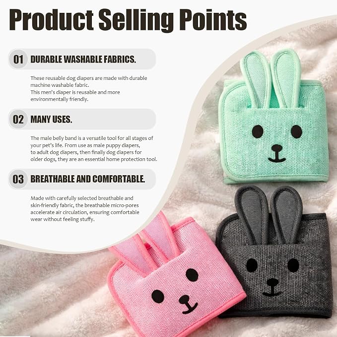 3PC Cute Belly Bands for Male Dogs with 3D Ears, Washable Reusable Dog Diaper, Breathable Mesh Wrap for Training & Incontinence, Adjustable Comfort Fit（Gray-XL）