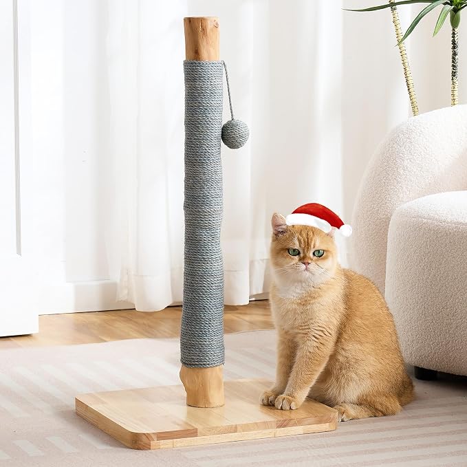 29" Tall Solid Wood Cat Scratching Post for Indoor Cats, Extra Stable Heavy Base, Natural Sisal Scratcher with Hanging Ball, Furniture Protector for Kittens & Adult Cats, Grey