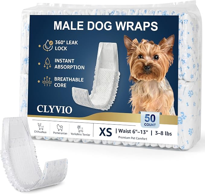 Dog Diapers Male XS, Disposable Wraps Belly Bands, 6-13", 50 Ct | 6-layer absorbent core · wetness indicator · soft fit · leak-resistant protection · for teacup, toy breeds & puppies