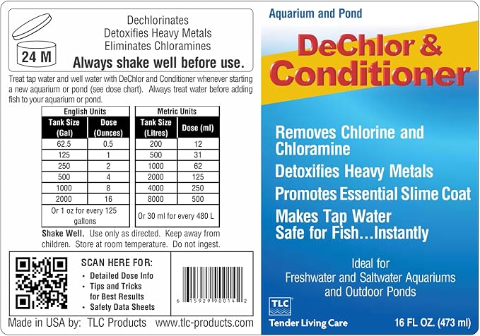 TLC Products, DeChlor & Conditioner, Aquarium Water Treatment, for Freshwater and Saltwater, 16 fl oz
