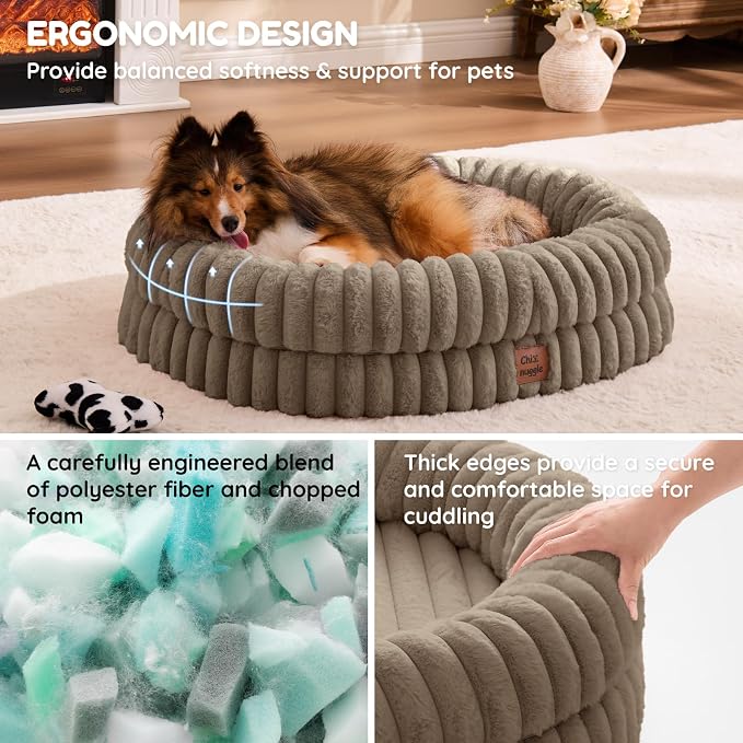 ChiXnuggle Orthopedic Dog Bed for Medium Dogs, Waterproof Faux Rabbit Fur Dog Couch with Egg Crate Foam Support and Washable Removable Cover, Bolster Pet Sofa with Non-Slip Bottom, 30x24x7, Taupe
