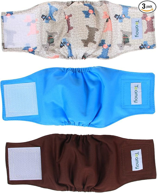 Teamoy Reusable Wrap Diapers for Male Dogs, Washable Puppy Belly Band Pack of 3 (XS, 7"-9" Waist, Light Blue+ Dogs+Coffee)