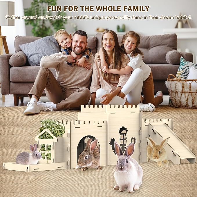 Large Bunny House and Hideouts, Wooden Dual-Layer Rabbit Castle with Stair, Rubber Band-Free Setup - Chew-Proof, Sturdy Habitat for Guinea Pig Chinchilla Ferret