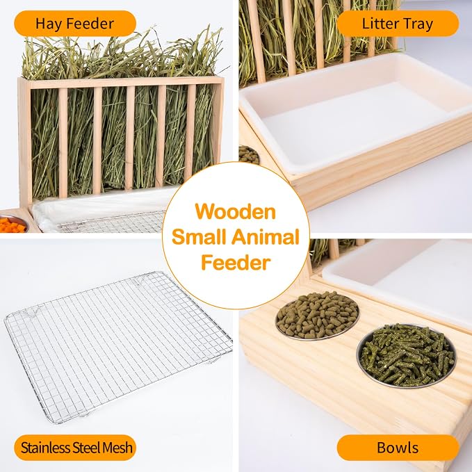 BESNEW 3 in 1 Rabbit Hay Feeder with Litter Box,Upgraded Wooden Hay Feeder Set for Guinea Pig Chinchilla Bunny Other Small Animals,Quick Cleaning & Large Capacity & Preventing Waste