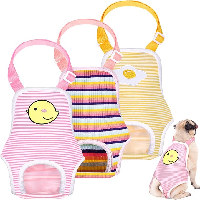 Nuanchu 3 Pcs Female Dog Diaper Sanitary Panties with Adjustable Suspender, Washable Reusable Doggie Diapers for Small Medium Large Dog in Heat Period Menstrual Pet Cats Ducks(Cute Pattern,L)