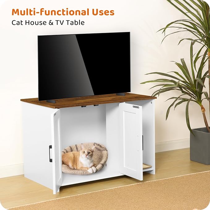 DWANTON Litter Box Enclosure, Cat Litter Box Furniture Hidden, with Scratching Mat, Wooden Cat Washroom Indoor, 31.5" L x 19.7" W x 21.7" H, White and Warm Brown