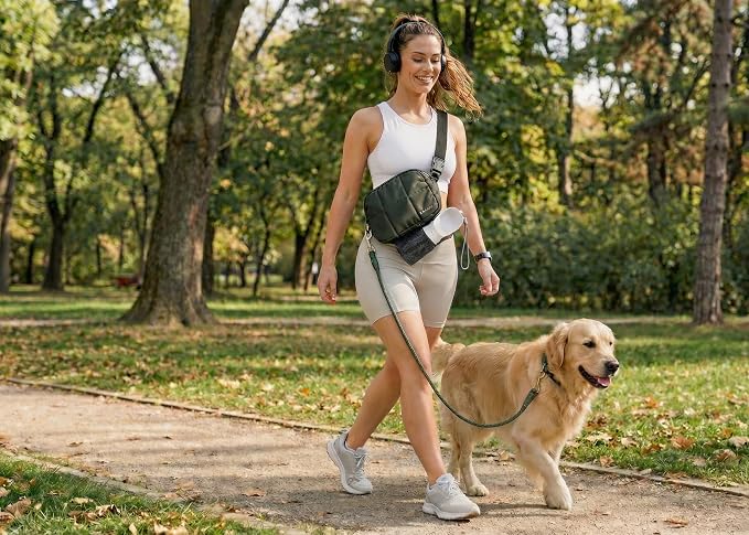 Premium Hands-Free Dog Walking Kit 4-in-1 Crossbody Fanny Pack, 78inc HeavyDuty Rope Leash,12oz Water Bottle & Poop Bag Dispenser, Hands-Free Kit for Running, Hiking&Training(Olive Green)