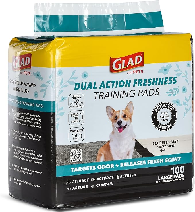 Glad for Pets Dual Action Freshness Activated Carbon Puppy Pads, Fragrance Release, Scented Odor Control, 6-Layer Leak-Proof, Pheromone Attractant, 23 x 23 Inch, 100 Count