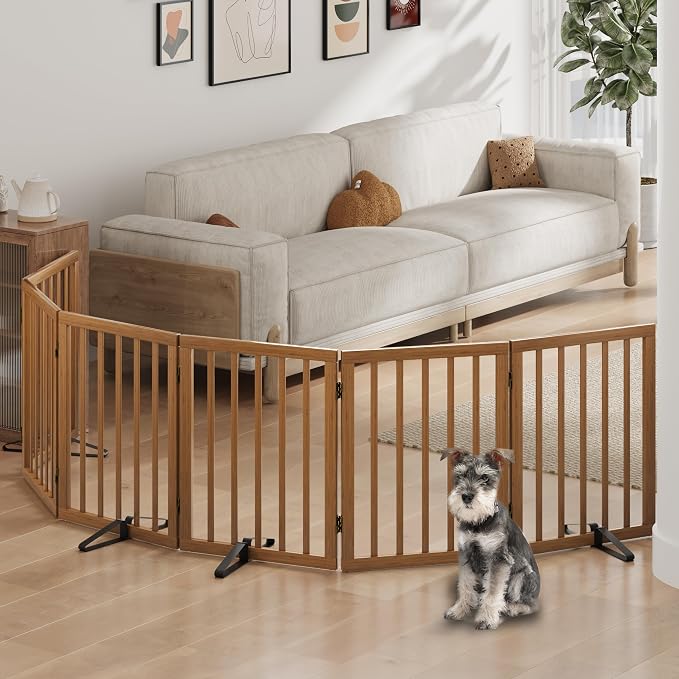 Dog Gates for Doorways, Foldable Dog Gate Indoor, Freestanding Pet Gates for Doorways Bedroom, Puppy Gate with Metal Support Feet, Room Divider 6 Panels (Walnut)