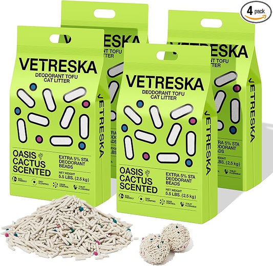VETRESKA Tofu Cat Litter, Natural Strong Clumping Flushable Litter Pellets, Ultra Water Absorbent Deodorant Tofu Litter, Dust-Free Low Tracking Cat Litter, Cactus(5.5lb×4bags)