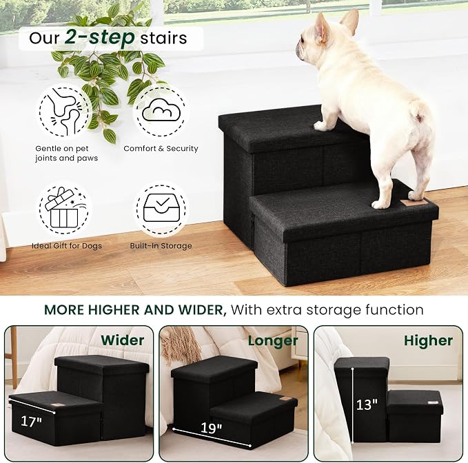 Love's cabin Dog Stairs with Storage 13" H, Foldable Pet Stairs for Small Medium or Large Dogs, Cat Puppy Steps Ramp with Zip up to 150 lbs, Black, 2 Steps