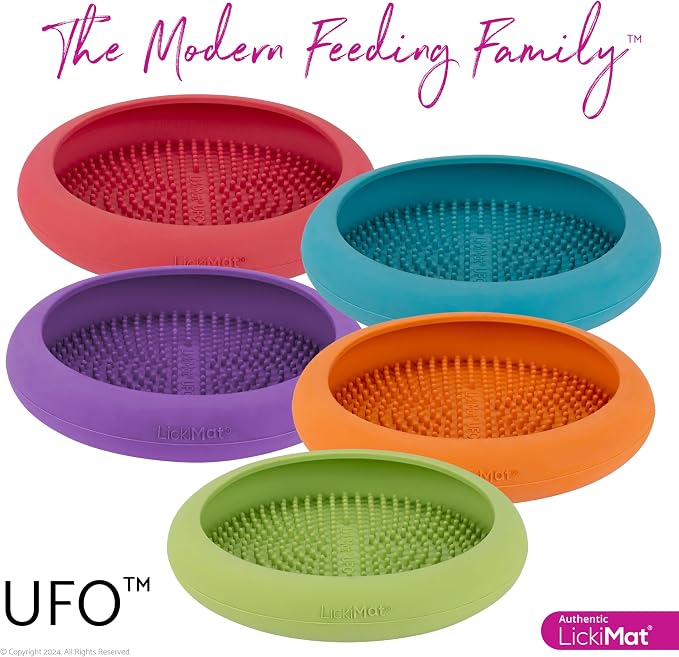 New LickiMat UFO Pink - Bathing, Shower & Grooming Distractor, Natural Rubber Large Licking Nubs, Unique Dribble Catcher Design, Slow Feeder Dog Bowl