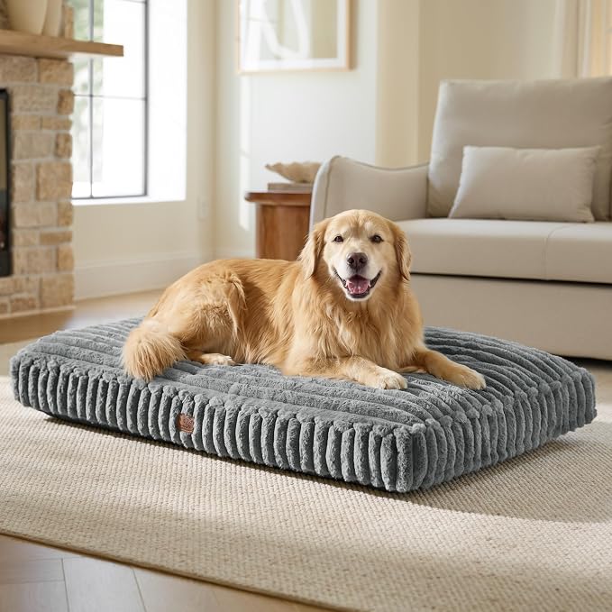 Bedsure ComfyFleece™ Plush XXL Dog Bed for Extra Large Dogs, Crate Bed for Balanced Support, Cute Chopped Foam Pillow Pad with Removable Washable Cover, Non-Slip Waterproof Cozy Pet Mat, 47"x29", Grey