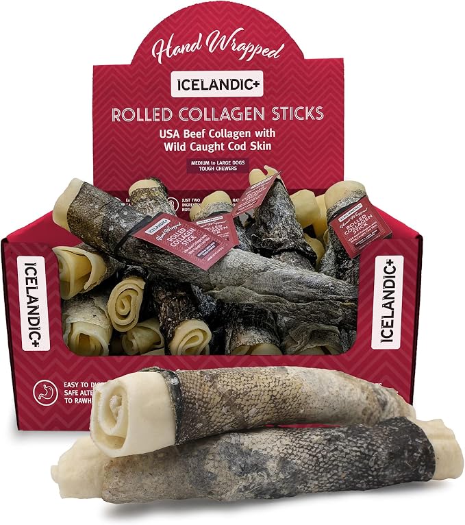 Icelandic+ Rolled Collagen Stick: Beef & Cod Skin - 8" Dog Crew Treat, Hand-Wrapped Fish, 2 Ingredient Pet Snacks, Dental Health, Rawhide Alternative