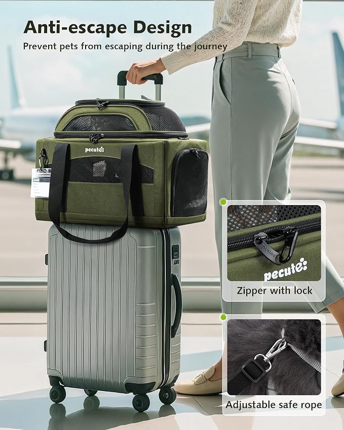 Pecute Expandable Pet Carrier Airline Approved Dog Cat Carrier, Breathable Soft-Sided with Locking Zippers, Pet Travel Bag for Small Dog Cat Anti-Scratch Mesh Leakproof Pee Pad