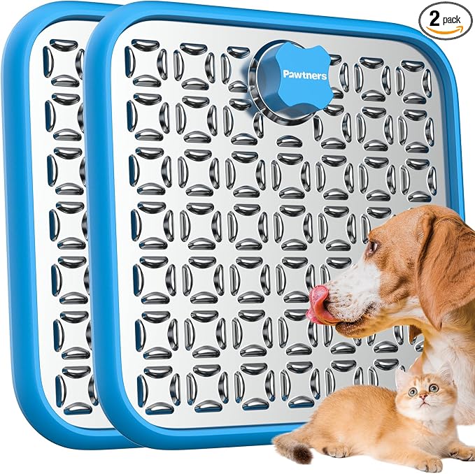 Pawtners Stainless Steel Lick Mat for Dogs & Cats, Chew Proof Dog Slow Feeder Mat for for Calm Feeding & Anxiety Relief, 2 Pack, Blue