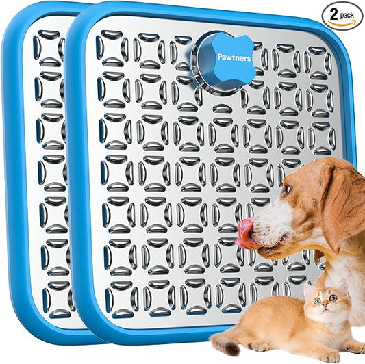 Pawtners Stainless Steel Lick Mat for Dogs & Cats, Chew Proof Dog Slow Feeder Mat for for Calm Feeding & Anxiety Relief, 2 Pack, Blue