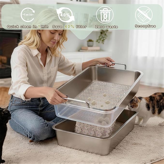 Stainless Steel Sifting Cat Litter Box for Clumping Clay Litter,Large Metal Litter Box with Litter Bag,Sifting Tray and Handle for Easy Lifting, Odor Control (17.7"x13.7"x5.9")