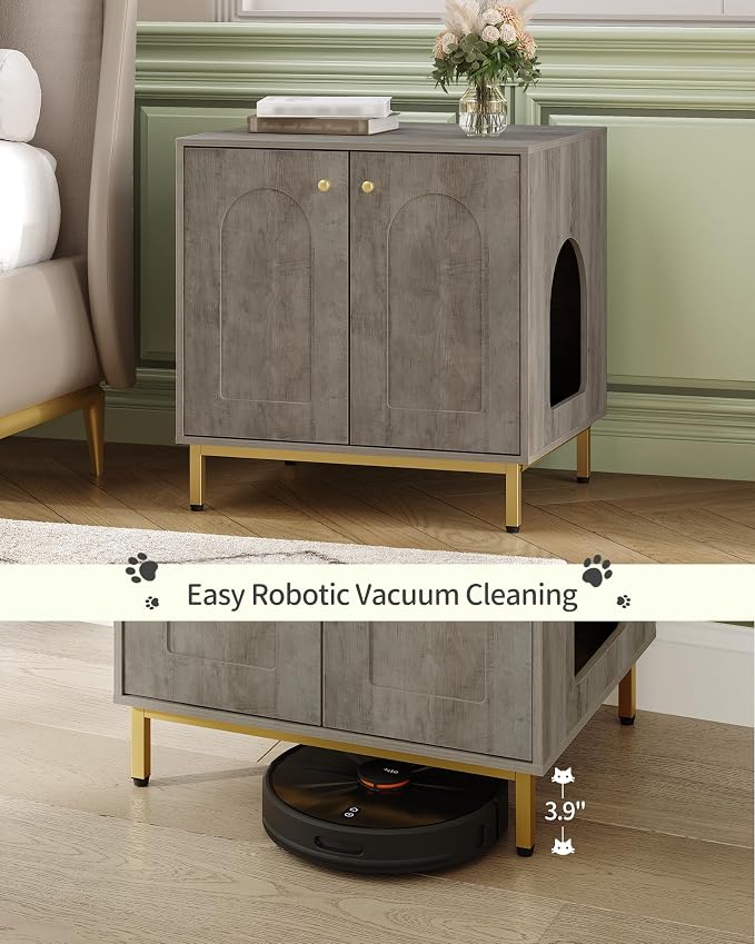 Hzuaneri Cat Litter Box Enclosure, Hidden Litter Box Furniture Cabinet, Wooden Indoor Cat House, Side End Table, Living Room, Bedroom, Greige and Gold CB81205G