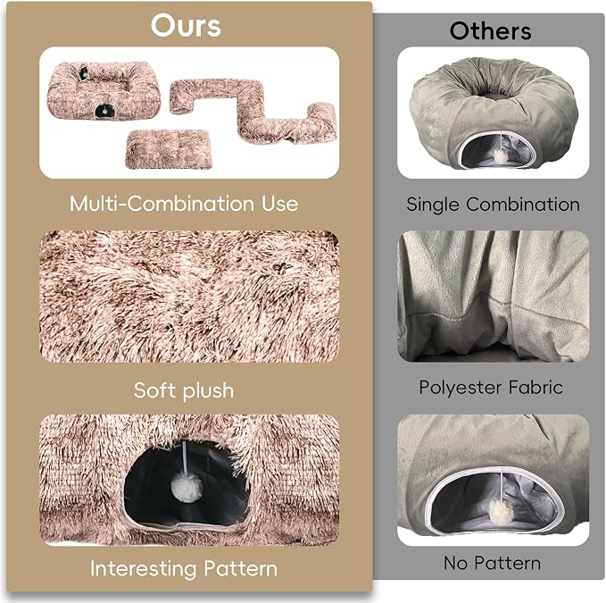 Extra Large Cat Tunnel Bed, 4 Ways Tunnels for Indoor Cats, Multi-cat Family Pet Bed & Cave, Plush Cat Donut with Washable Middle Mat, Exit Balls, Pet Play Toy for Kitten Puppy Rabbit, Brown