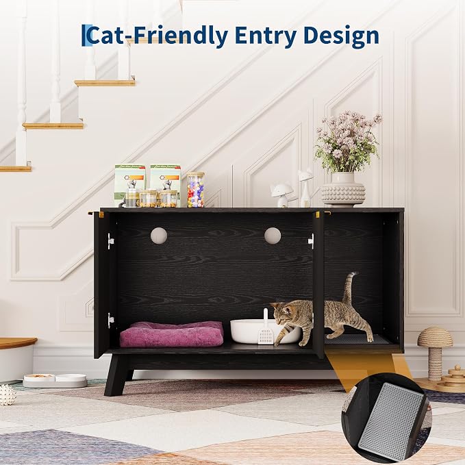 Garvee Cat Litter Box Enclosure, 39" Litter Box Enclosure Furniture Hidden Litter Box with Cat Litter Mat and Ventilated Holes, Modern Indoor Cat House, Side End Table for Living Room, Black