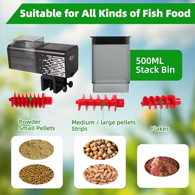 Fish Feeder Automatic Dispenser for Indoor Aquarium, Screw Push Design, 17oz Large Capacity