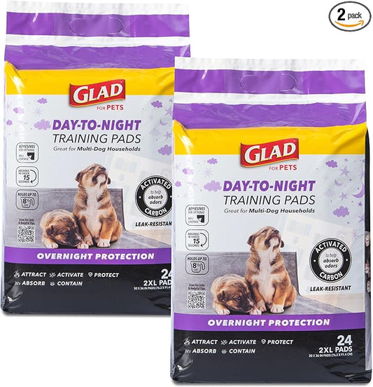Glad for Pets Day to Night Activated Carbon Puppy Training Pads Odor Control Disposable Dog Pads Adhesive Wall Protection Leak Proof Super Absorbent 30 x 36 Inch 24 Count 2 Pack Indoor Training