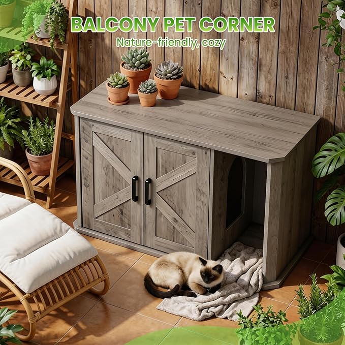 Modern Wooden Cat Litter Box Enclosure, Hidden Washroom Cabinet with Double Doors and Side Entry, Large Cat House End Table, Easy-Clean Sturdy Furniture