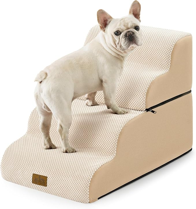 COZY KISS Detachable Dog Stairs for Small Dog, 4 Step Curved Dogs Step for Puppy or Older Cat, Ramp for Bed, Sofa, Couch or Chair, Ladder with High Density Foam, 15.7x28.3x19.7 inch, Beige