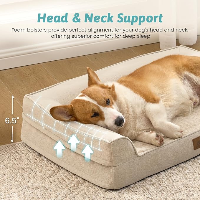 COZY KISS Orthopedic Large Dog Beds, Bolster Pet Couch with Waterproof Lining, Egg Crate Foam Sofa for Pets Up to 65 lbs, U-Shaped, 36x27x6.5 inch, Beige