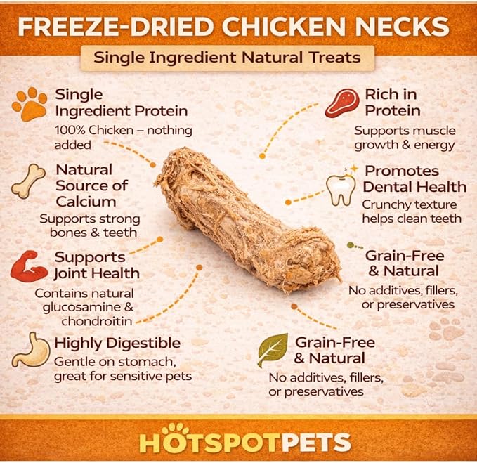 hotspot pets Freeze Dried Chicken Neck Treats for Cats & Dogs - Made in USA, 1lb Big Bag, Single Ingredient All Natural Grain-Free, Crunchy, Perfect for Training, Topper or Snack