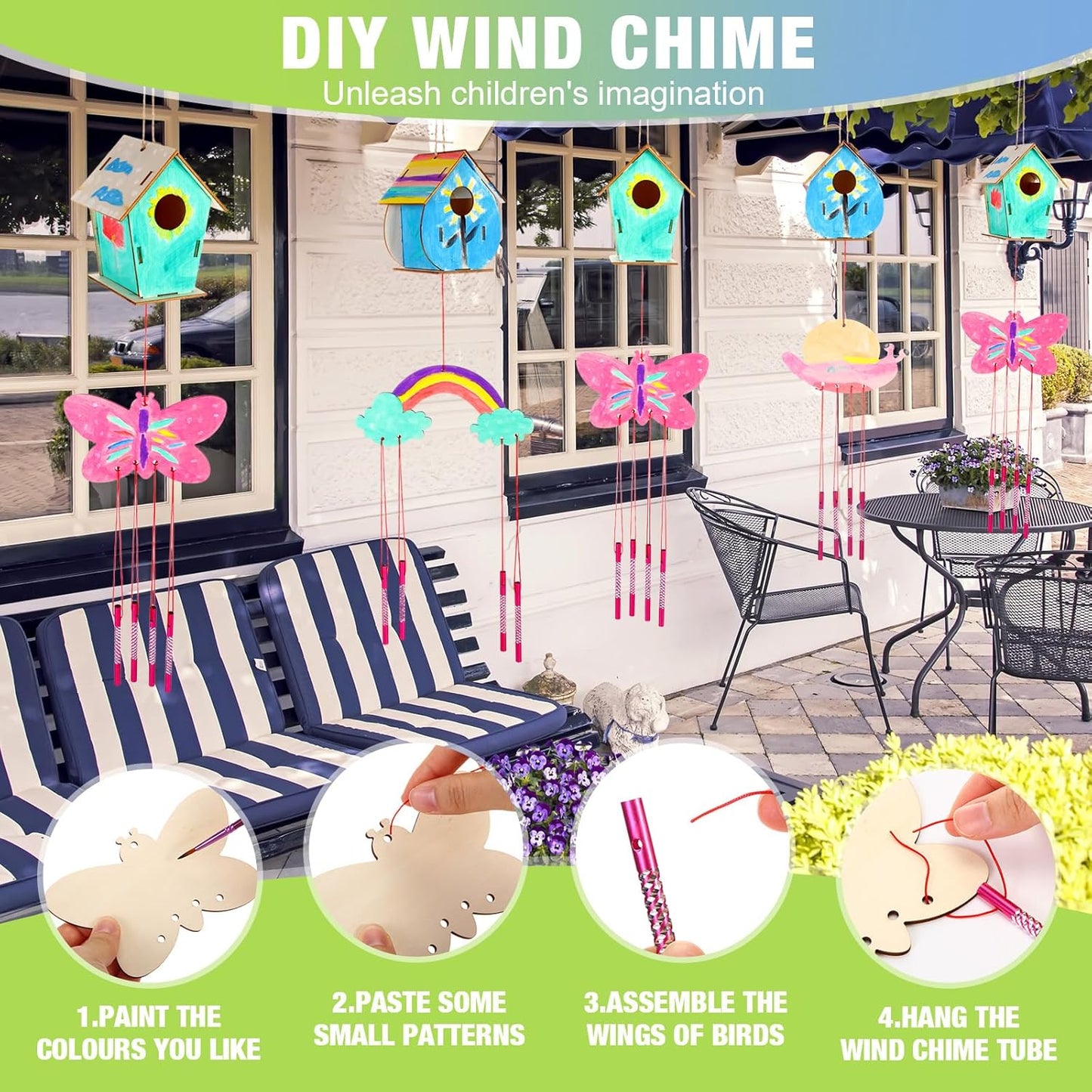 30 Pcs Crafts DIY Bird House Wind Chime Kit Unfinished Wood Birdhouse Kits 12 Wooden Birdhouses & 18 Wind Chimes Build and Paint Birdhouses Bulk Crafts Set