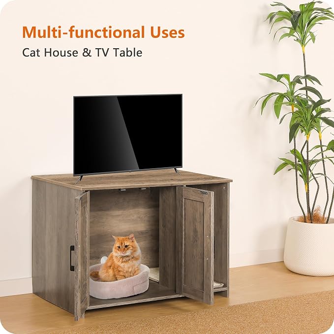 DWANTON Litter Box Enclosure, Cat Litter Box Furniture Hidden, with Scratching Mat, Wooden Cat Washroom Indoor, 31.5" L x 19.7" W x 21.7" H, Greige