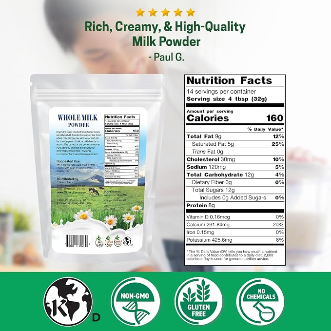 Z Natural Foods Premium Whole Milk Powder - Powdered Milk for Baking, Cooking, Drinks - Dry Milk Powder, Pasteurized, Non-GMO, Gluten-Free, Kosher-Certified, 1 lb