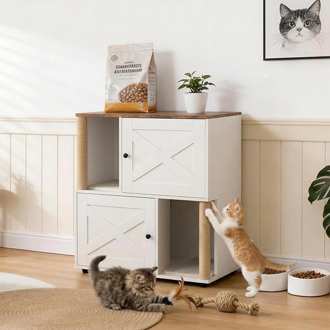 Cat Litter Box Enclosure, Two-Story Wooden Hidden Litter Box Furniture with Scratching Post, Multi-Level Cat Washroom Cabinet for 2 Cats, Reinforced Wood Frame & Ventilated Design for Small Apartment
