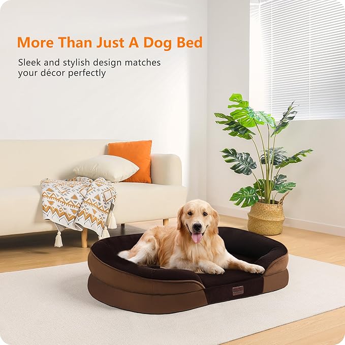 Dwanton Orthopedic Dog Bed for Large Dogs with Gel Memory Foam, Waterproof Dog Sofa, Washable Pet Bed with Four Sided Bolster Cushion, Removable Cover & Non-Slip Bottom, 42", Brown