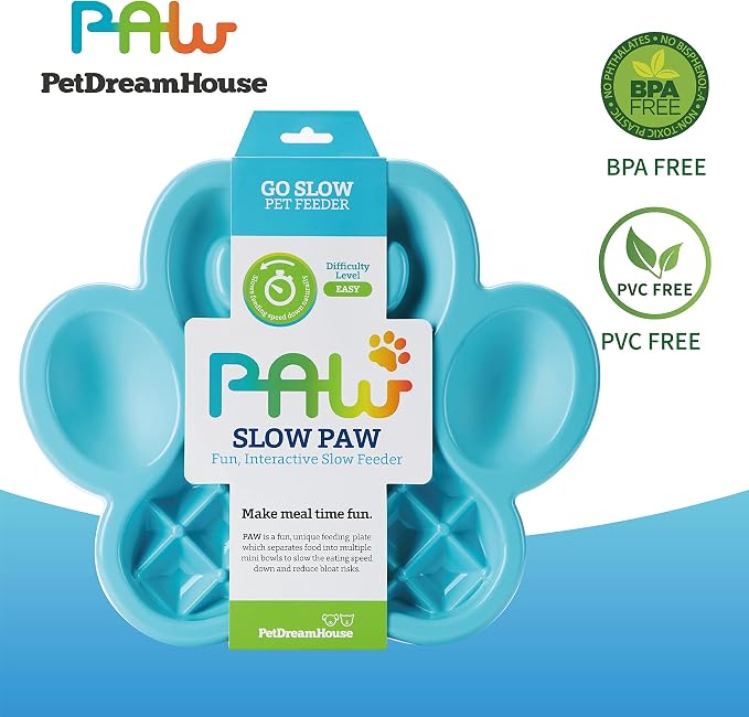 PetDreamHouse PAW Feeder Interactive Bowl for Dogs, Puppies or Cats Plate Food Treats Controls Fast Eating Anti Bloating - Blue