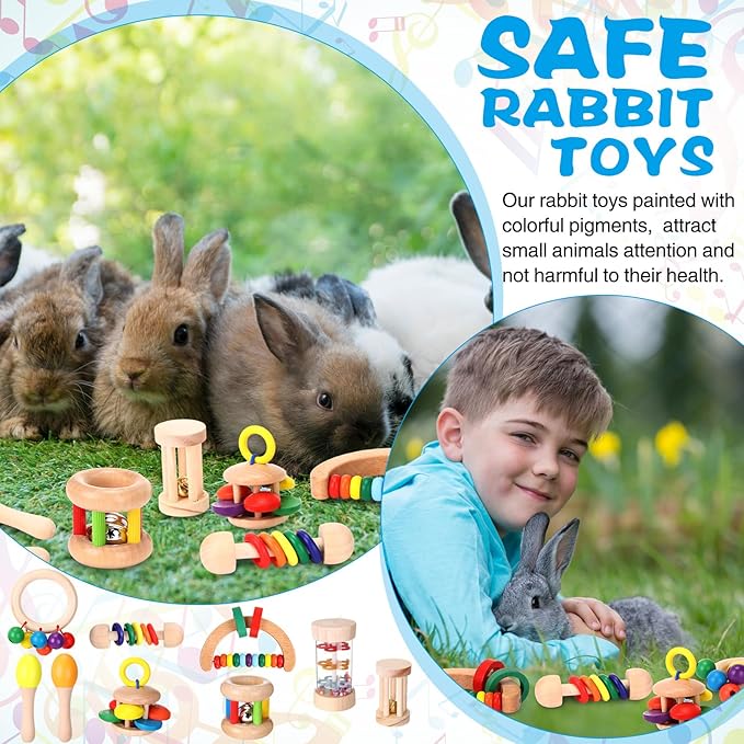 Halloscume 9 Pcs Wooden Bunny Toys, Rabbit Toys for Bunnies Boredom, Safe Rabbit Toy, Multi Colored Teeth Grinding Toy for Chinchillas Hamsters Small Animals Playing Indoor Outdoor Bunny Gifts
