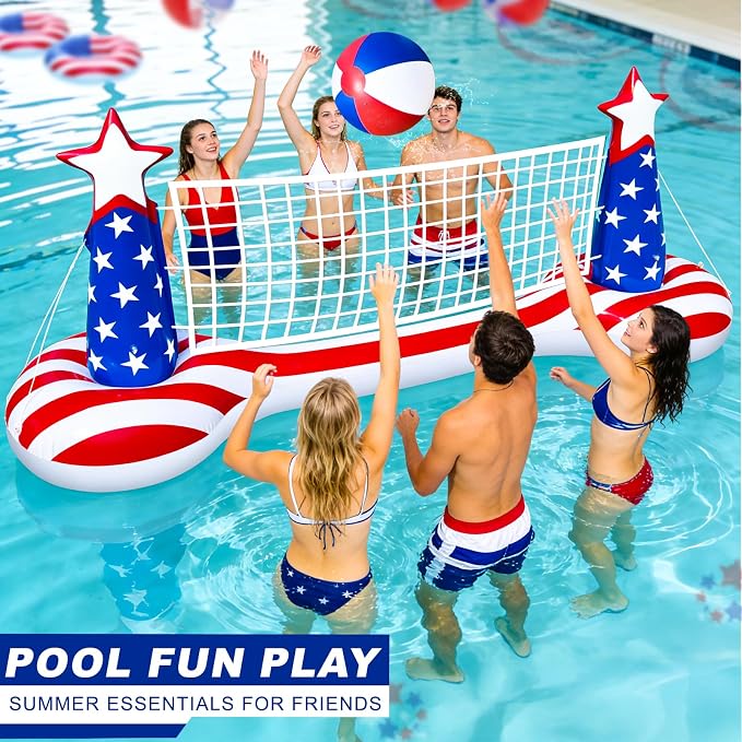 250th Anniversary American Flag Inflatable Pool Games Large Volleyball Net Pool Floats Set with 9" Beach Ball – 4th of July Floating Swimming Game Toy for Adults, Perfect for Patriotic Party Summer