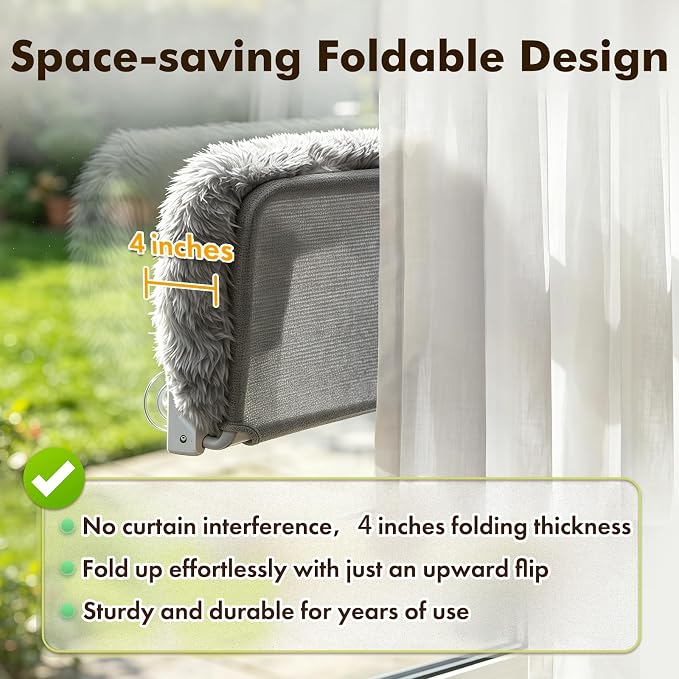 Zoratoo Cloud-Snuggle Cat Window Perch with 4-Sided Ultra-Thick & Fluffy Plush Cushion Bed, Foldable Cordless Cat Window Hammock for Window with Sturdy Metal Frame for Large Cats and Kittens (L, Gray)