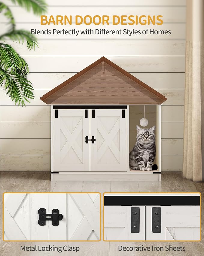 Hzuaneri Cat Litter Box Enclosure, Hidden Litter Box Cabinet Furniture with Bell, Indoor Cats House, Farmhouse Style, 31.5 x 19.7 x 20.9Inches, for Hallway, Bedroom, White CB82414B