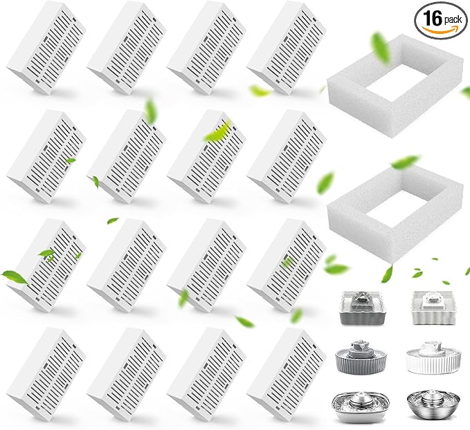 16 Pack Ceramic Cat Fountain Filter Replacement, Triple Cupcake Cat Fountain Filters, 16 Pet Fountain Carbon Filters and 4 Foam Filters for Ceramic/Cupcake Cat Water Fountain （16 Filters）