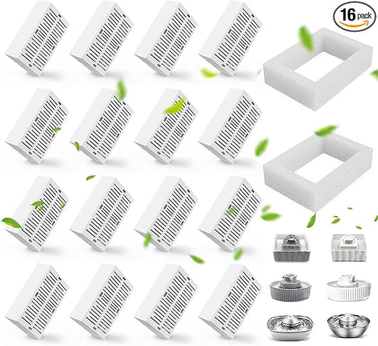 16 Pack Ceramic Cat Fountain Filter Replacement, Triple Cupcake Cat Fountain Filters, 16 Pet Fountain Carbon Filters and 4 Foam Filters for Ceramic/Cupcake Cat Water Fountain （16 Filters）
