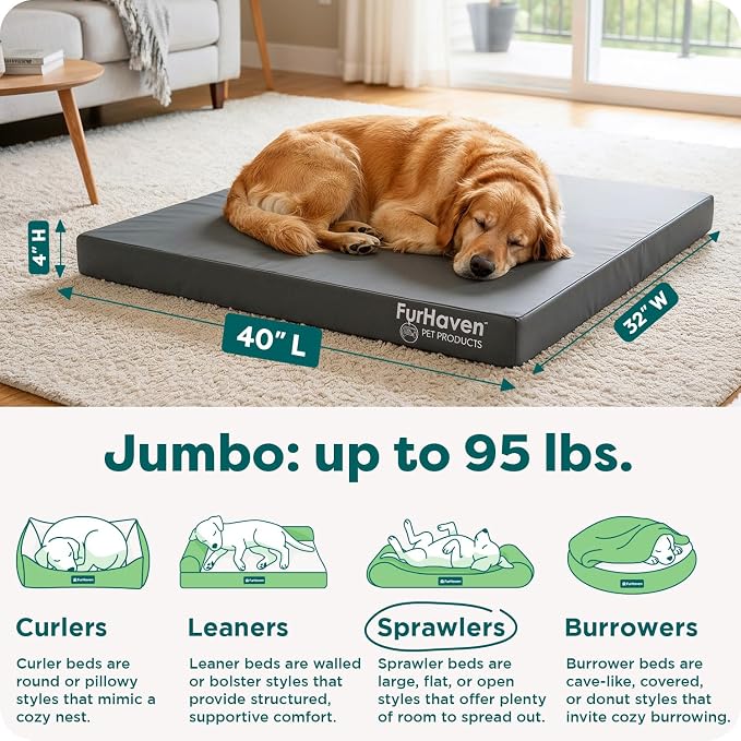 FurHaven Water-Resistant Orthopedic Dog Bed for Large Dogs, Oxford Polycanvas Mattress with Orthopedic Solid Slab Foam for Joint Support, Removable Washable Cover, Jumbo XL, Stone Gray