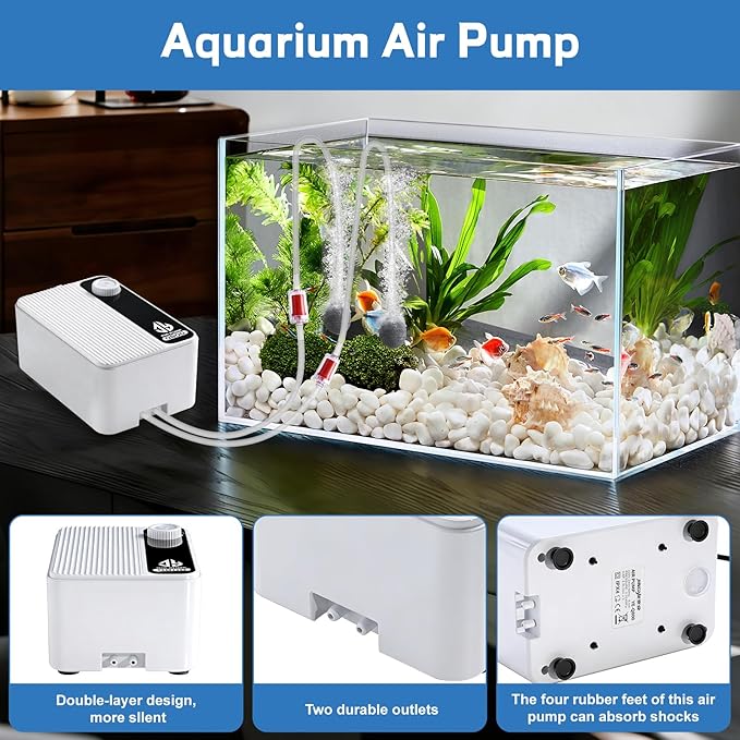 Aquarium Air Pump, Quiet Powerful Fish Tank Air Pump, Adjustable Fish Tank Bubbler with Air Stone, 2.3W/5.5W/8W Bubbler for Aquarium Fish Tank for Small Medium Large Fish Tank Up to 200 Gallon