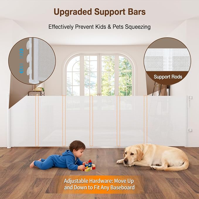 42'' Extra Tall Retractable Baby Gates with Reinforced Strip, Mesh Saftey Gate for Pets, 59'' Wide Retractable Gate, Anti-Escape Tall Dog Gates, No Drilling, Retractable Gate for Indoor/Outdoor