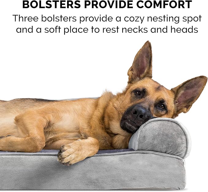 Furhaven Memory Foam Dog Bed for Medium/Small Dogs w/ Removable Bolsters & Washable Cover, For Dogs Up to 35 lbs - Faux Fur & Velvet Sofa - Smoke Gray, Medium